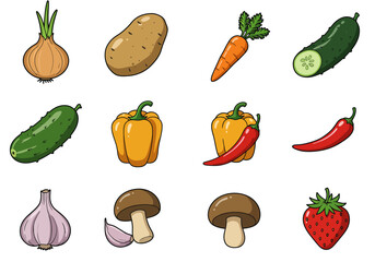 An array of colorful produce and fungi onion potato carrot cucumber pepper chili garlic mushroom and strawberry
