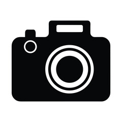 Simple black camera icon with a white lens and flash symbol