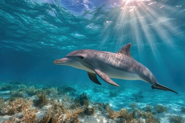 Obraz premium A dolphin swims gracefully in clear blue ocean water above a colorful coral reef, illuminated by beams of sunlight