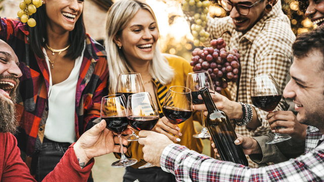 Happy friends drinking red wine at farm house vineyard countryside - Group of young people enjoying lunch break together outside - Hands holding wineglasses at sunset golden hour