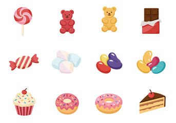 An assortment of sugary sweets arranged in rows including candy chocolate and desserts