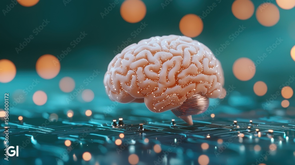 Poster memory a human brain merging with digital memory storage, symbolizing ai and technology.