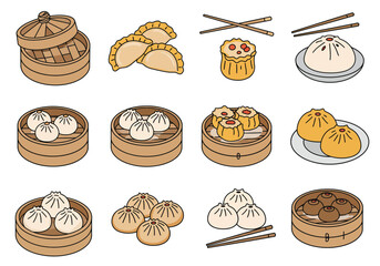 An illustration displays twelve dim sum elements including dishes bamboo steamers and chopsticks