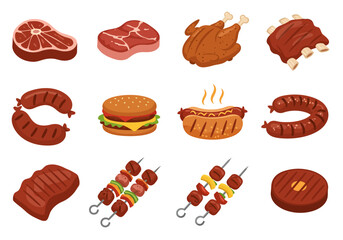 An illustration of grilled food including steak burger chicken ribs sausage and skewers