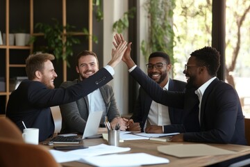Team of diverse businessmen in office celebrating success with high five