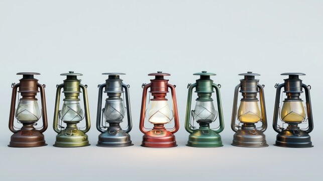 3d render lineup of camping lanterns on white background