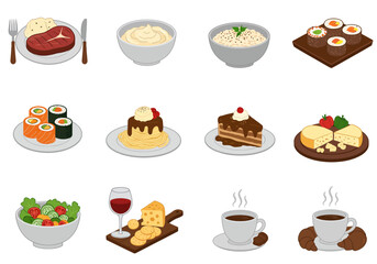 Array of pixelated meals steak sushi salad dessert coffee cheese and wine