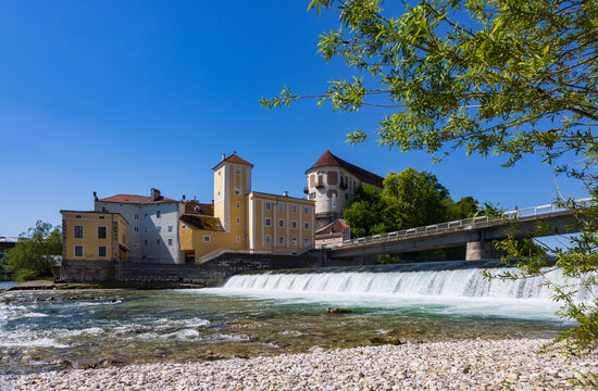 Lamberg Castle and water tower by the Enns River waterfall in Steyr, Austria