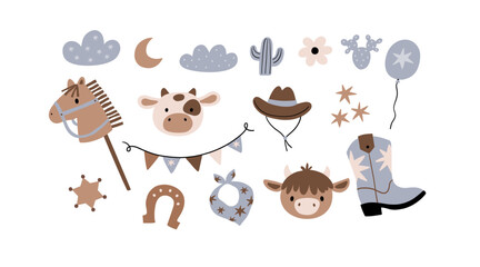 Cute Baby Cowboy accessories set. Western boots, shoes, hat, plants, animals.. American country fashion fo little kids. Flat style vector illustration. Baby Shower Cowboy decor