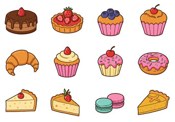 Assorted cartoon pastries including cakes macarons a croissant and a donut are arranged on a white background