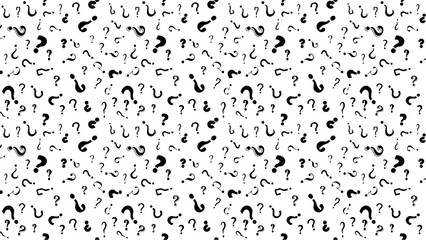 A dense scattering of black question marks on a white background creating a pattern effect look 100 chr