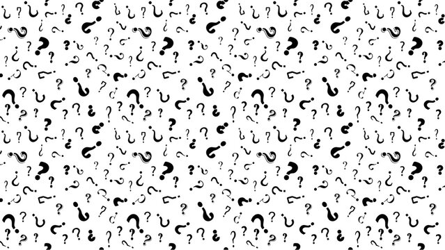 A dense scattering of black question marks on a white background creating a pattern effect look 100 chr