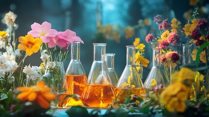 Floral alchemy shows colorful blooms combined with science glassware and liquids for aromatherapy and natural wellness.