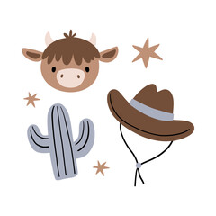 Cute Baby Cowboy accessories set. Western boots, shoes, hat, plants, animals.. American country fashion fo little kids. Flat style vector illustration. Baby Shower Cowboy decor