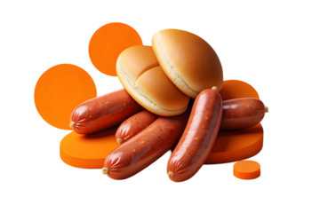 Delicious Brown Hot Dog Buns and Red Sausages Arranged on Orange Background Isolated on a transparent background