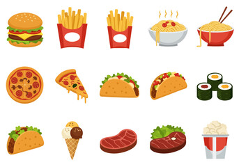 Assorted fast food burger fries pasta pizza tacos sushi ice cream steak and popcorn