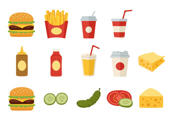 Assorted fastfood icons include burgers fries drinks sauces pickles tomatoes and cheese