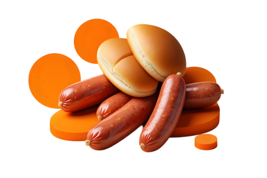 Delicious Brown Hot Dog Buns and Red Sausages Arranged on Orange Background Isolated on a transparent background - Powered by Adobe