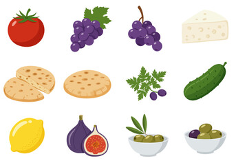 Assorted food items tomato grapes cheese pita bread cucumber lemon figs and olives in bowls