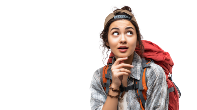 Adventurous woman with backpack, thoughtful expression, outdoor exploration concept.