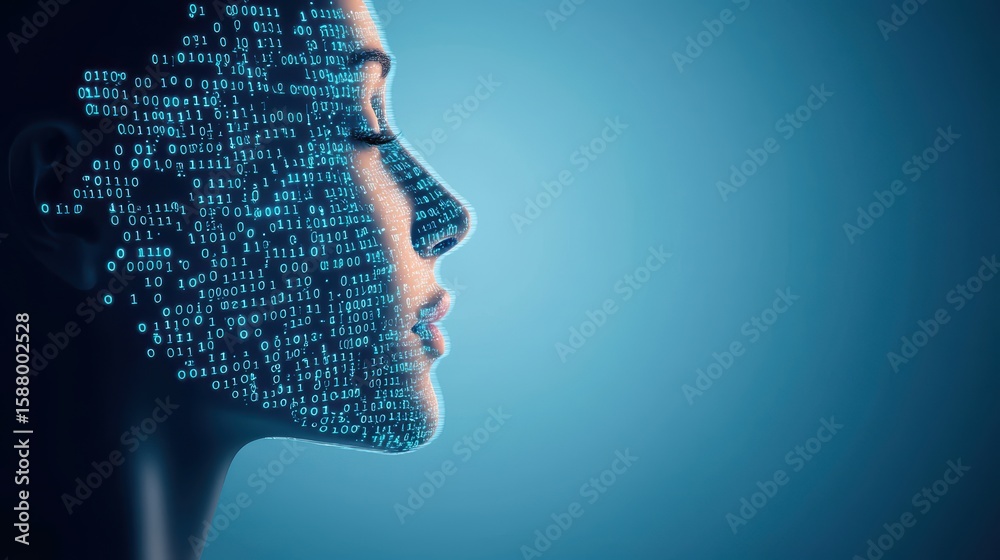 Poster binary abstract image of binary digits forming a human face in a digital world.