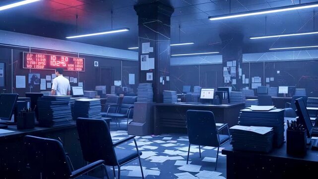 A busy office environment at night with scattered papers and a worker organizing documents
