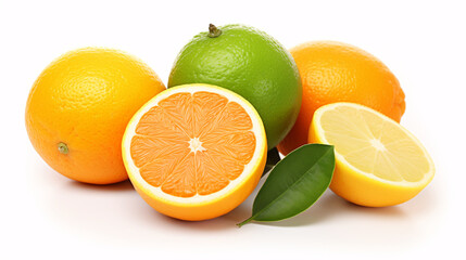 Fresh citrus fruits including oranges, lemons, and limes on white background