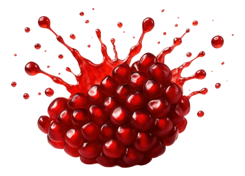 Pomegranate seeds bursting with juice droplets caught in mid-flight.