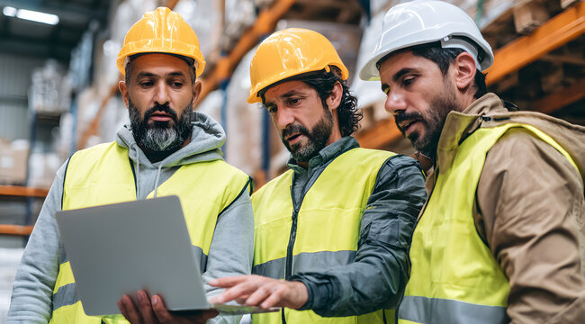 Three Hispanic warehouse workers in helmets analyzing data on a laptop