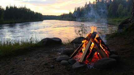 Campfire by the riverside at sunset, with smoke rising and trees lining the water's edge