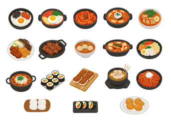 Assortment of Korean dishes displayed on a white background