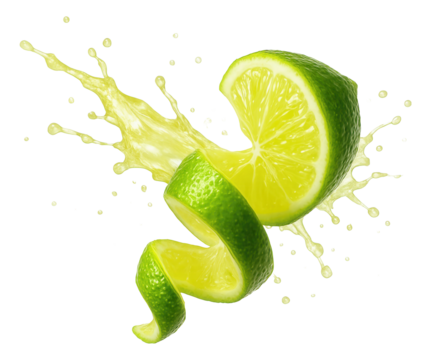 Fresh lime juice misting in a frozen burst from a twist.
