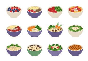 Bowls of oatmeal or grain topped with various fruits vegetables and proteins set against a white background
