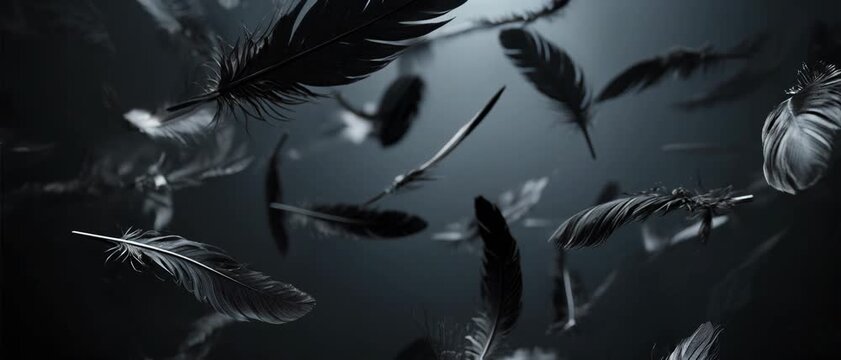 Graceful dark feathers floating in a mysterious deep space, an ethereal abstract background image, delicate and soft.