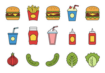 Cartoon fast food icons burgers fries drinks condiments and ingredients