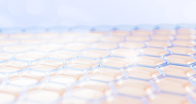 3d epidermis skin surface with blue water hexagon pattern. Dermatological cosmetic science and tech background with honeycomb cell texture, liquid gel serum, retinol or hyaluron acid. 3D illustration