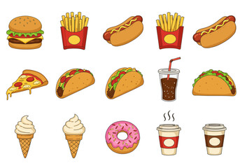 Cartoon illustration of fast food items burger fries hot dog pizza tacos soda ice cream donut coffee