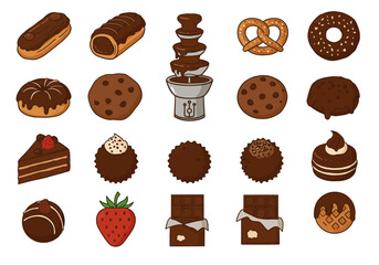 Cartoon image of various chocolatethemed desserts and treats arranged in a grid