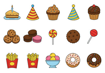 Cartoonish treatscelebratory icons cake cupcakes cookies macarons fries ice cream lollipops donuts party hats