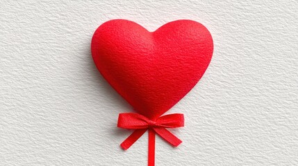 Fototapeta premium Bright red bow-tied heart balloon floats against a textured white background in a cheerful setting perfect for celebrations. Valentine's Day
