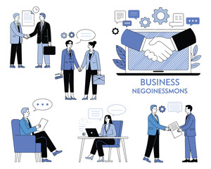 ffice Negotiation and Handshake Scene, Business Process Vector Illustration in Flat Style Representing Agreement, Communication, and Teamwork, Isolated on White Background