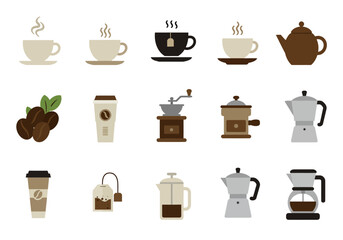 Coffee and tea icon collection cups pots beans grinders makers and tea bag arranged in three rows