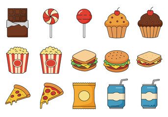 Collection of cartoonstyle unhealthy food and drink items