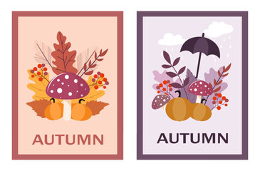 Autumn cards with mushrooms, pumpkins and leaves. Vector illustration of autumn cards with beautiful mushrooms, leaves, pumpkins and berries for background. Autumn greeting cards.