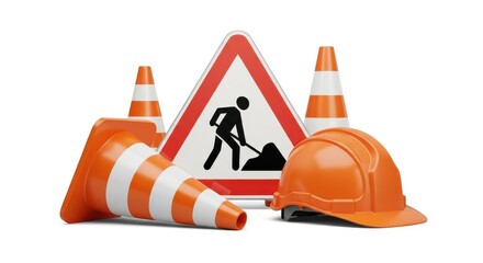 Construction safety equipment including cones hard hat and road work sign