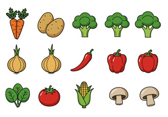 Colorful cartoon vegetables carrots potatoes broccoli onions pepper tomato corn mushrooms spinach