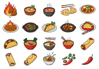 Culinary assortment various dishes like tacos noodles and fiery chicken all vibrant  detailed