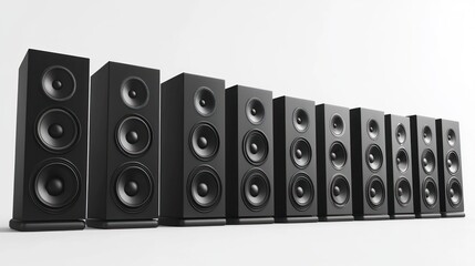 3D lineup of speakers in a row on white background