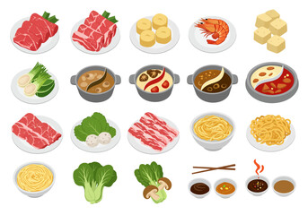 Diverse hot pot ingredients including meats vegetables noodles sauces tofu shrimp and various broth options