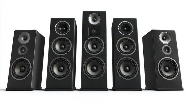 3D lineup of speakers in a row on white background
